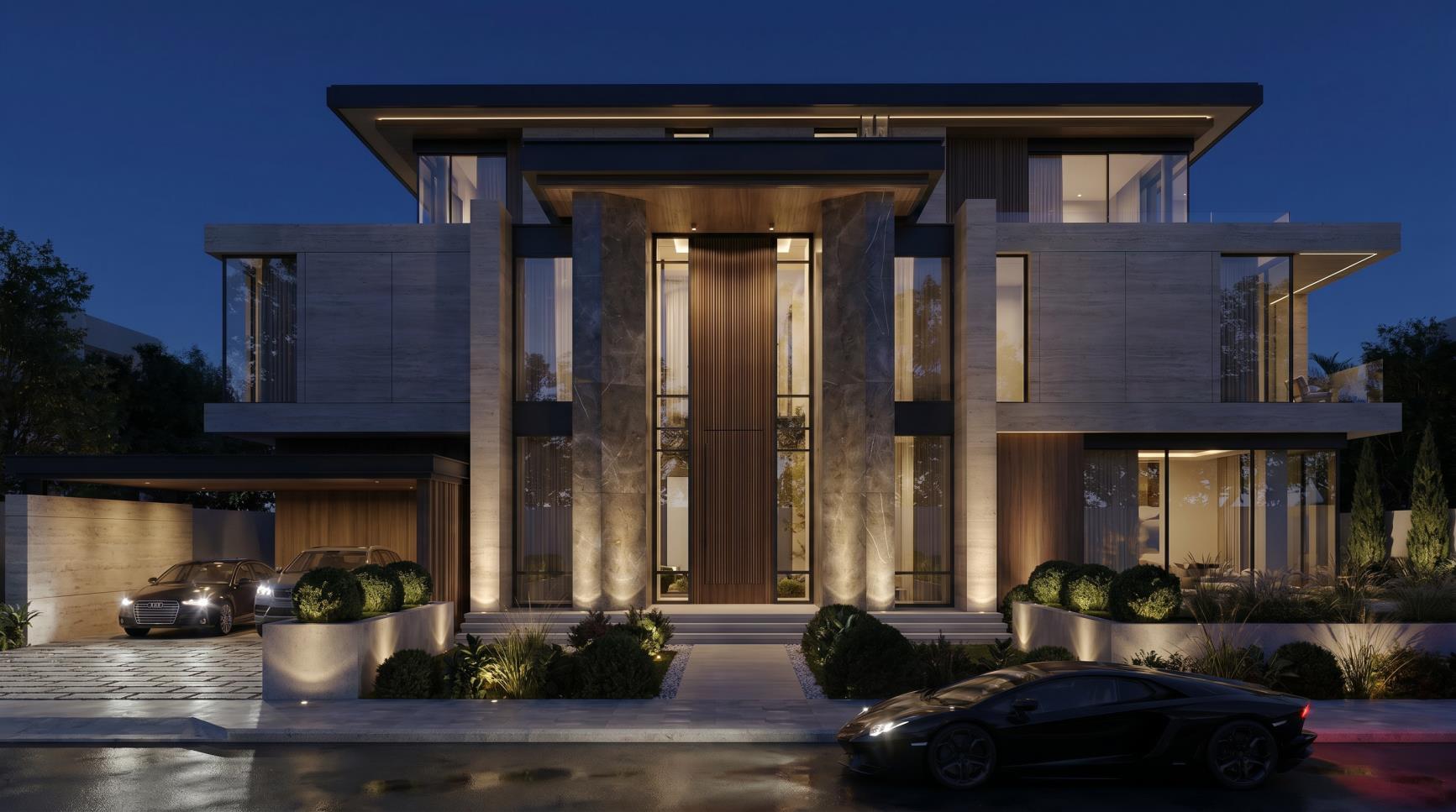 Contemporary villa exterior with considered modern architectural forms, Cove 2026 portfolio visualization